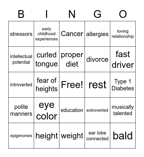 Nature vs. Nurture Bingo Card