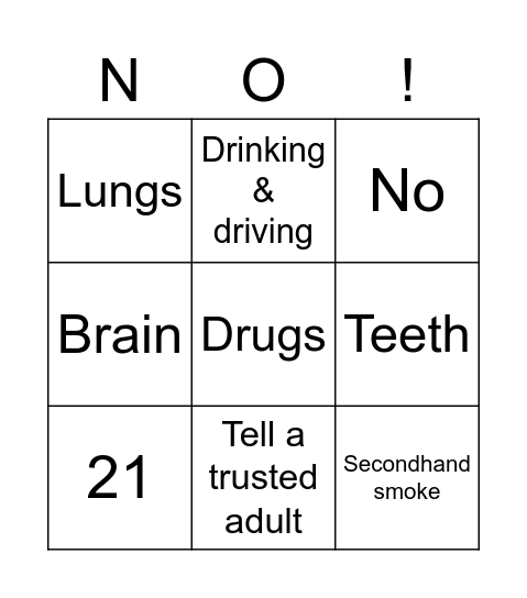 Say No To Substances Bingo Card