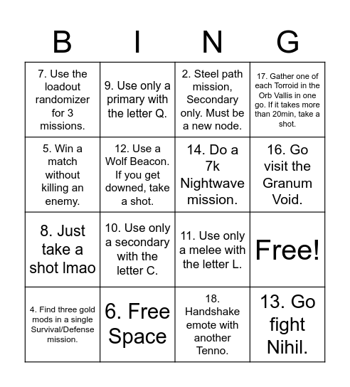 Warframe Bingo Card