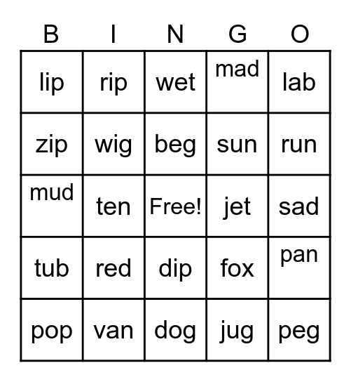 Cvc words bingo card