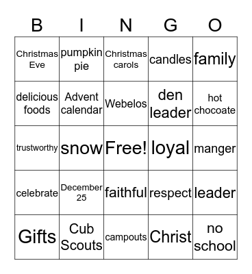 Webelos Christmas Party Bingo Card