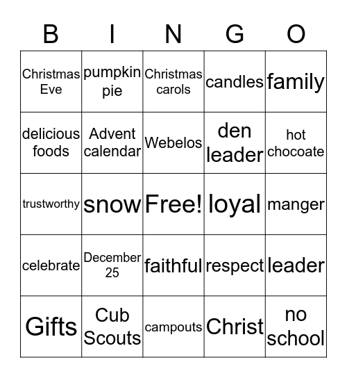 Webelos Christmas Party Bingo Card