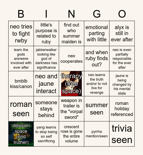 rwby v9 bingo..... Bingo Card