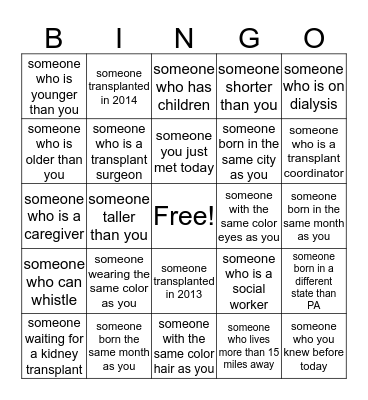 Kidney Bingo Card