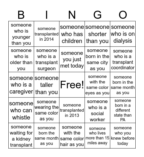 Kidney Bingo Card