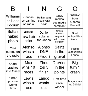 F1 Season 2023 Bingo Card