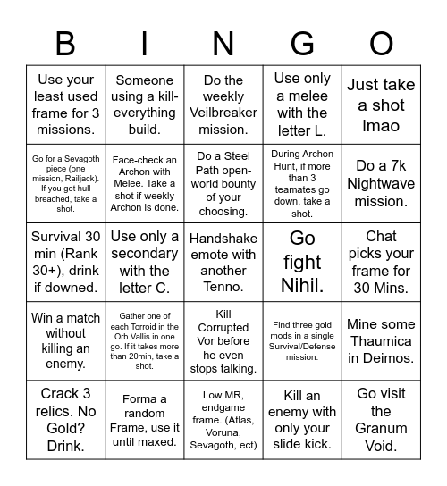 Warframe Bingo Card