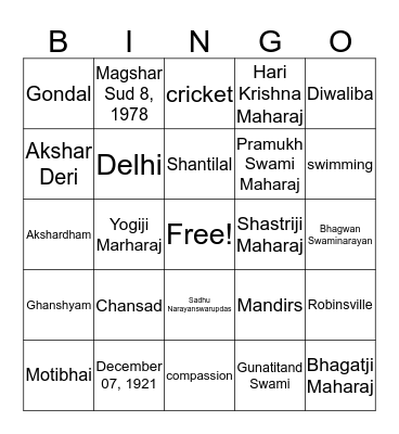 Pramukh Swami Maharaj Bingo Card