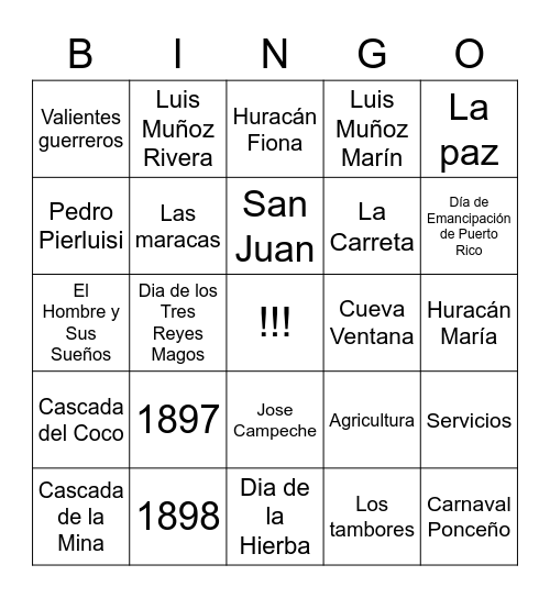 Puerto Rico Bingo Card