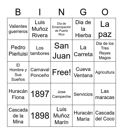 Puerto Rico Bingo Card