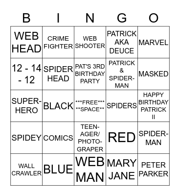 PATRICK'S BINGO GAME, SPIDER-MAN STYLE Bingo Card