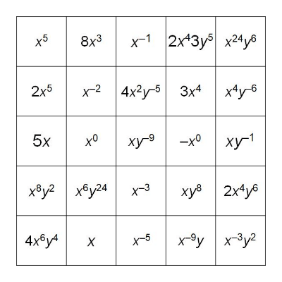 Algebra Exponent Bingo Card