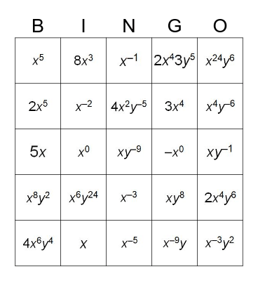 Algebra Exponent Bingo Card