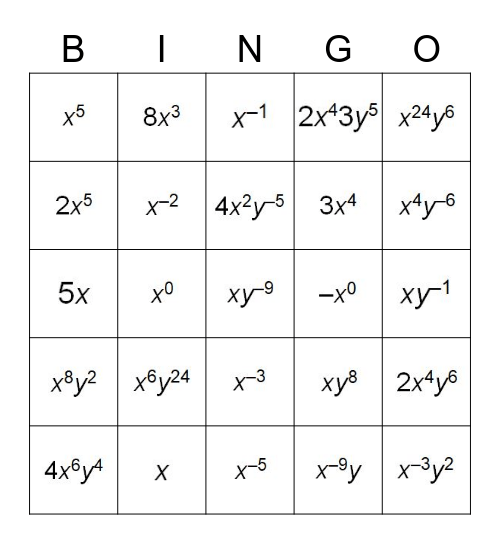 Algebra Exponent Bingo Card