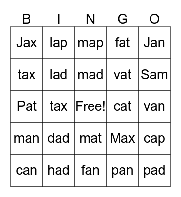 CVC Short A Words Bingo Card