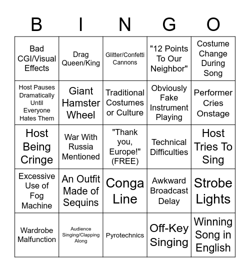 Eurovision 2023 Bingo Card