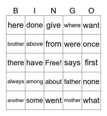 Heart words Bingo Card