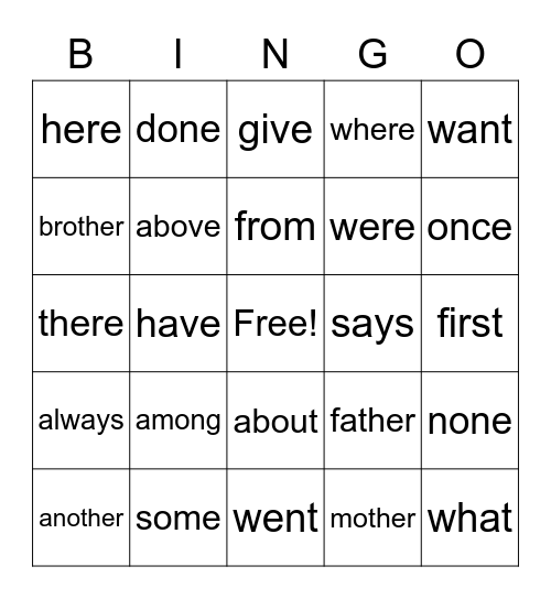 Heart words Bingo Card