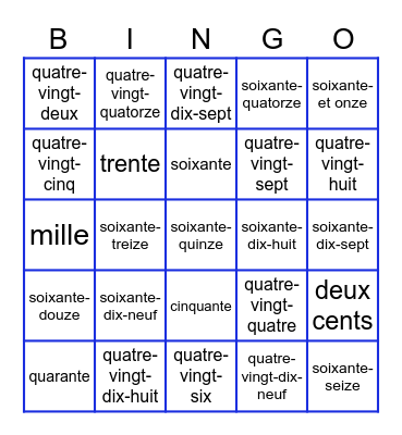 French Numbers - 60-100 Bingo Card