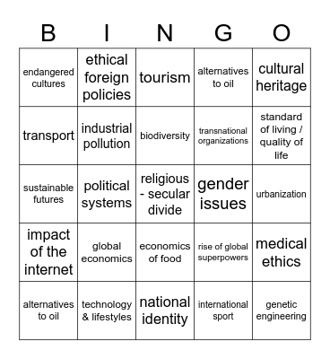 AICE Global Perspectives Topics Bingo Card