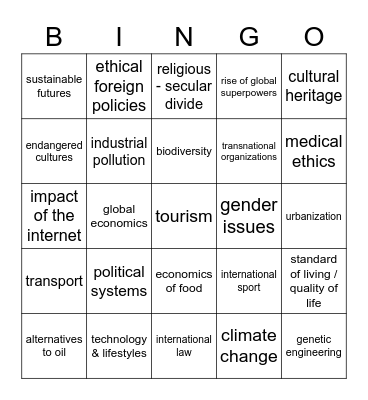 AICE Global Perspectives Topics Bingo Card