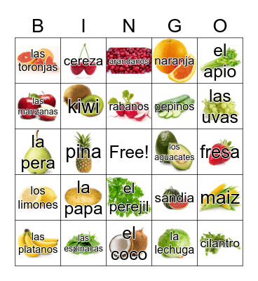 Fruits and Vegetables Bingo Card