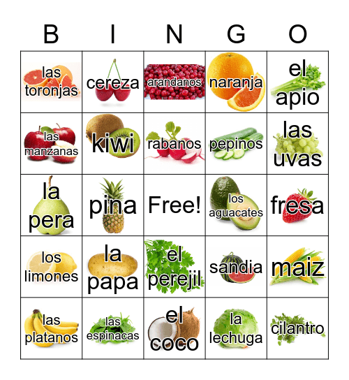 Fruits and Vegetables Bingo Card