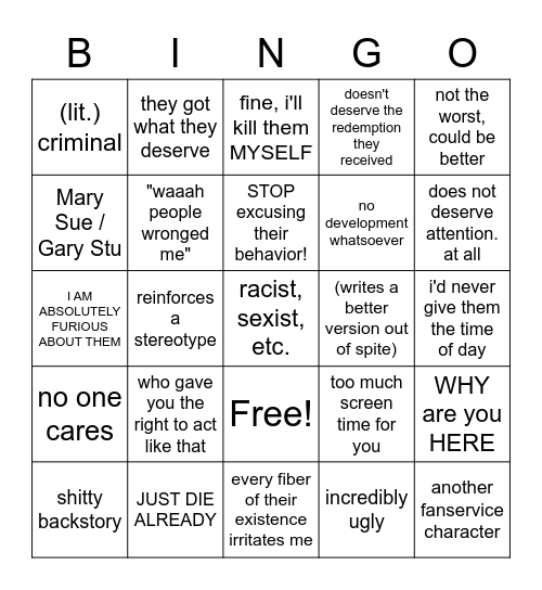 Character Bingo Card