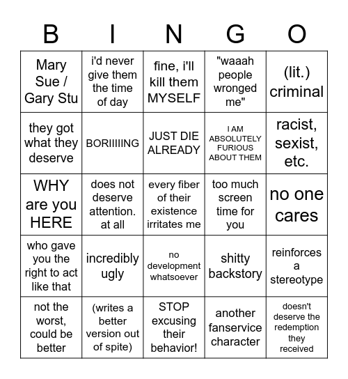 Character Bingo Card