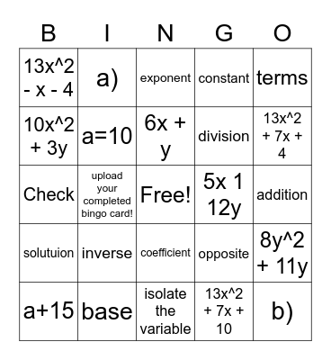 Think & check: Combining like terms & 1-step equations Bingo Card