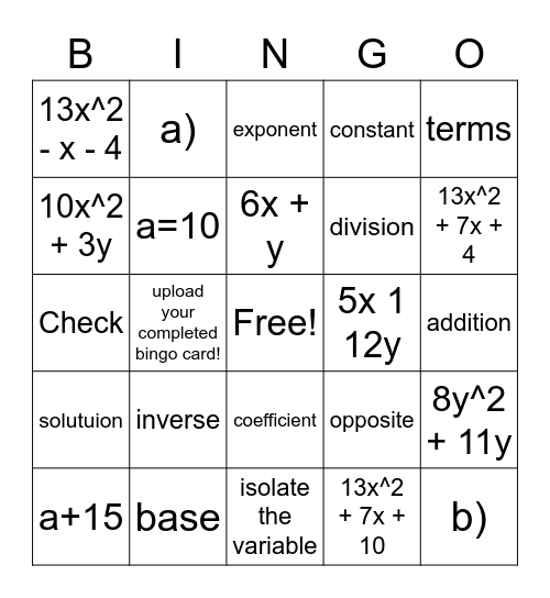 Think & check: Combining like terms & 1-step equations Bingo Card