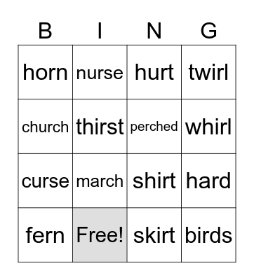 R-Controlled Vowel Bingo Card