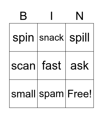 9 word sblends Bingo Card