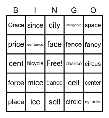 cy, ce, ci, dge, ge Bingo Card