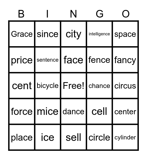 cy, ce, ci, dge, ge Bingo Card
