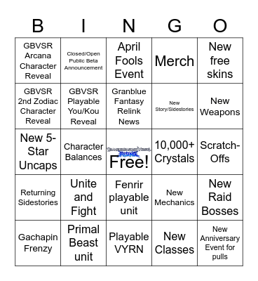 Granblue Fantasy 9th Anniversary Bingo Card
