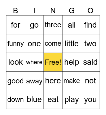 Sight Words - Amelia Bingo Card