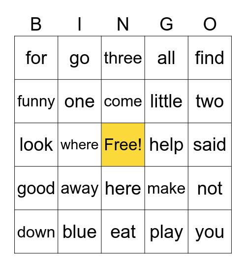 Sight Words - Amelia Bingo Card