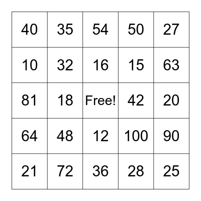 Multiplication Bingo Card