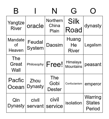 Ancient China Vocabulary Bingo Card