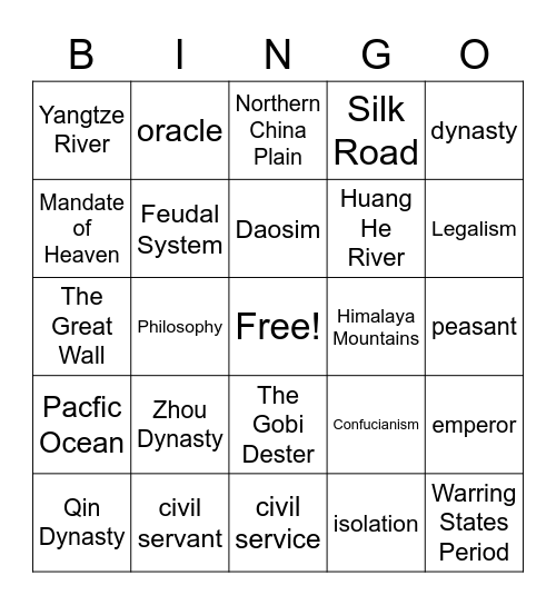 Ancient China Vocabulary Bingo Card