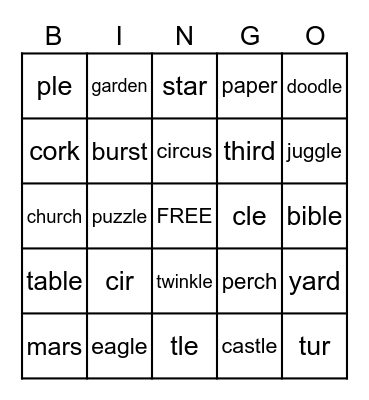 R controlled and Consonant -le Syllables Bingo Card