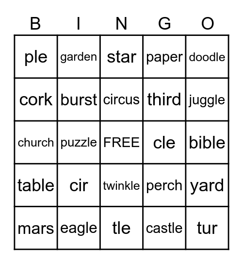 R controlled and Consonant -le Syllables Bingo Card