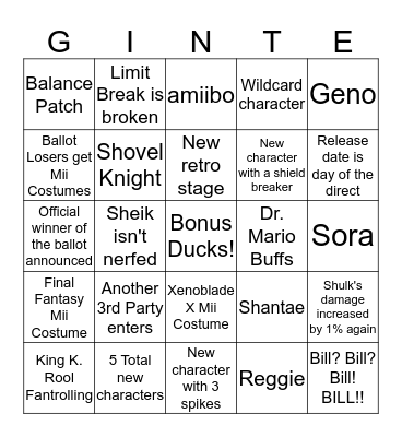 Final Smash Announcement Bingo Card