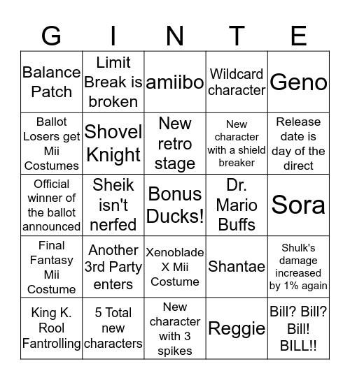 Final Smash Announcement Bingo Card