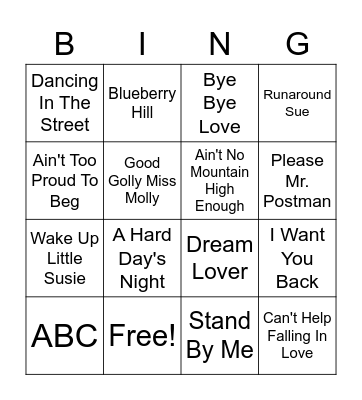 50's & 60's Hits Bingo Card