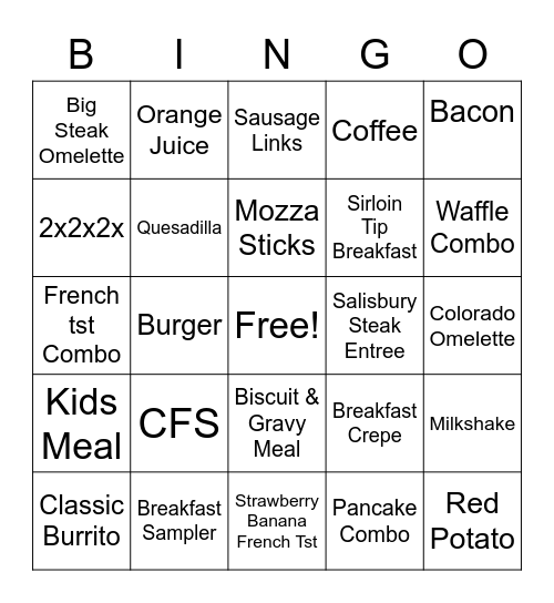 Restaurant Bingo Card