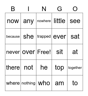 sight words Bingo Card