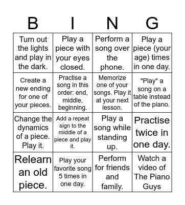 Holiday Piano Bingo Card
