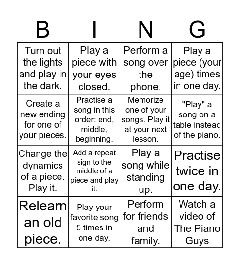 Holiday Piano Bingo Card